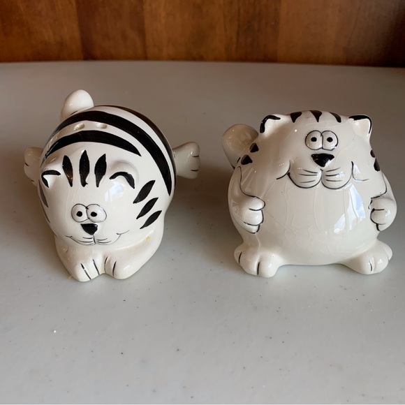 Pier 1- Fat Cat Sugar Creamer Salt Pepper Black & White Striped Cats 4 Piece - Picture 6 of 14